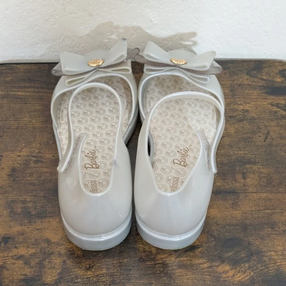 Mini Melissa Barbie Jelly Sandals Metallic White Bow Heart Vegan Big Kid Flats 4